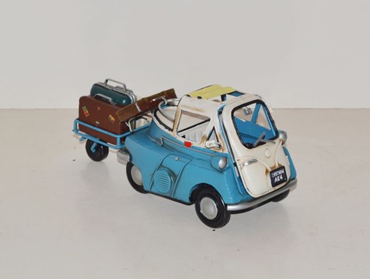 Blechauto Nostalgie Modellauto Oldtimer Automarke Isetta blau-weiß mit Hänger Länge 25 cm aus Blech