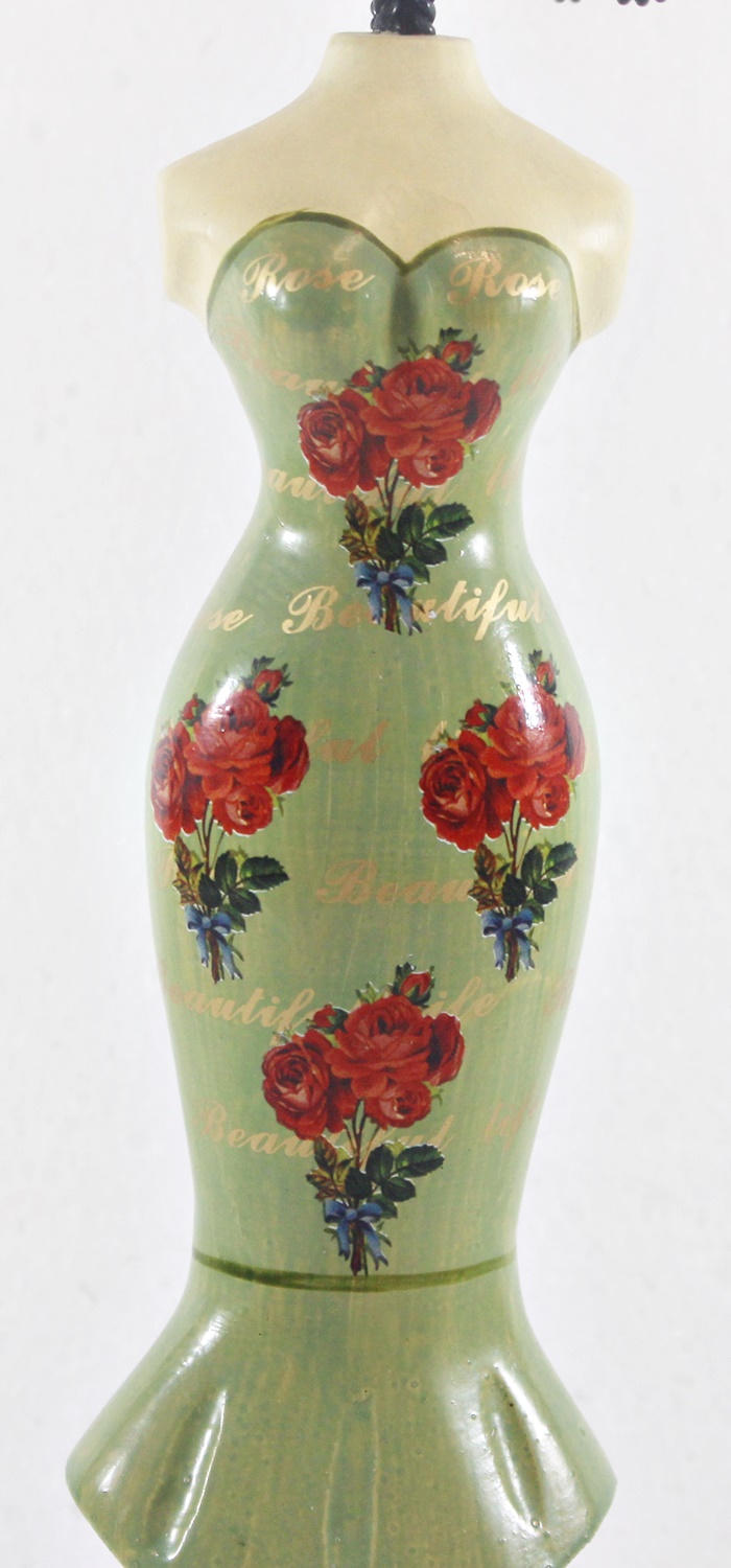 Schmuckbüste Beauty Figur Deko Modefigur Nostalgiefigur grüner Torso mit roten Blumen H 35 cm