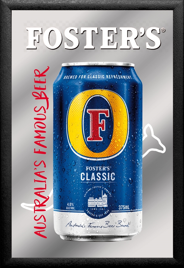 Set: 2 Spiegelbilder Fosters Bier Bar Deko Bilder 30x20 cm Hinterglasdruck mit schwarzem Rahmen