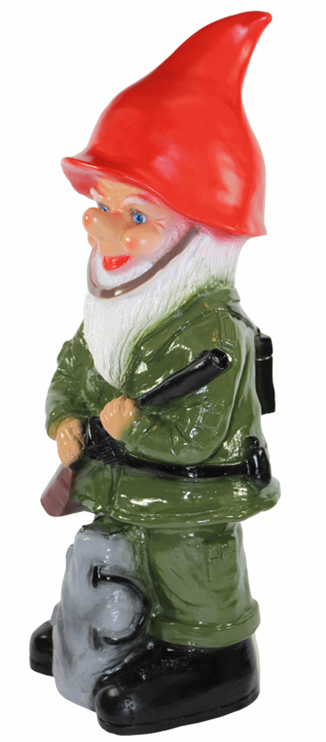 Gartenzwerg Deko Garten Figur Zwerg Soldat mit Gewehr und Rucksack aus Kunststoff H 49 cm