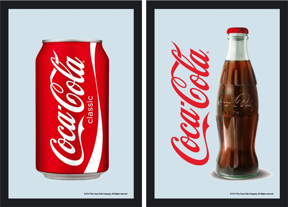 Set: 2 Spiegelbilder Coca Cola Retro Dose & Flasche 30x20 cm Wandbilder Hinterglasdruck mit Rahmen