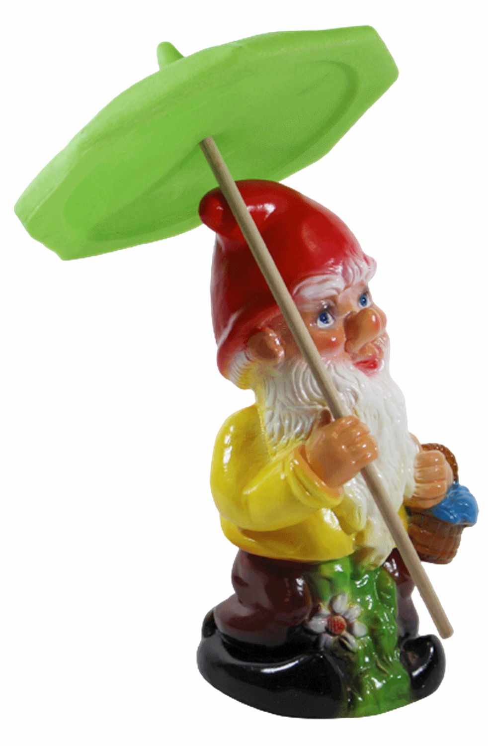 Gartenzwerg Deko Garten Figur Zwerg stehend mit Schirm und Korb aus Kunststoff H 37 cm