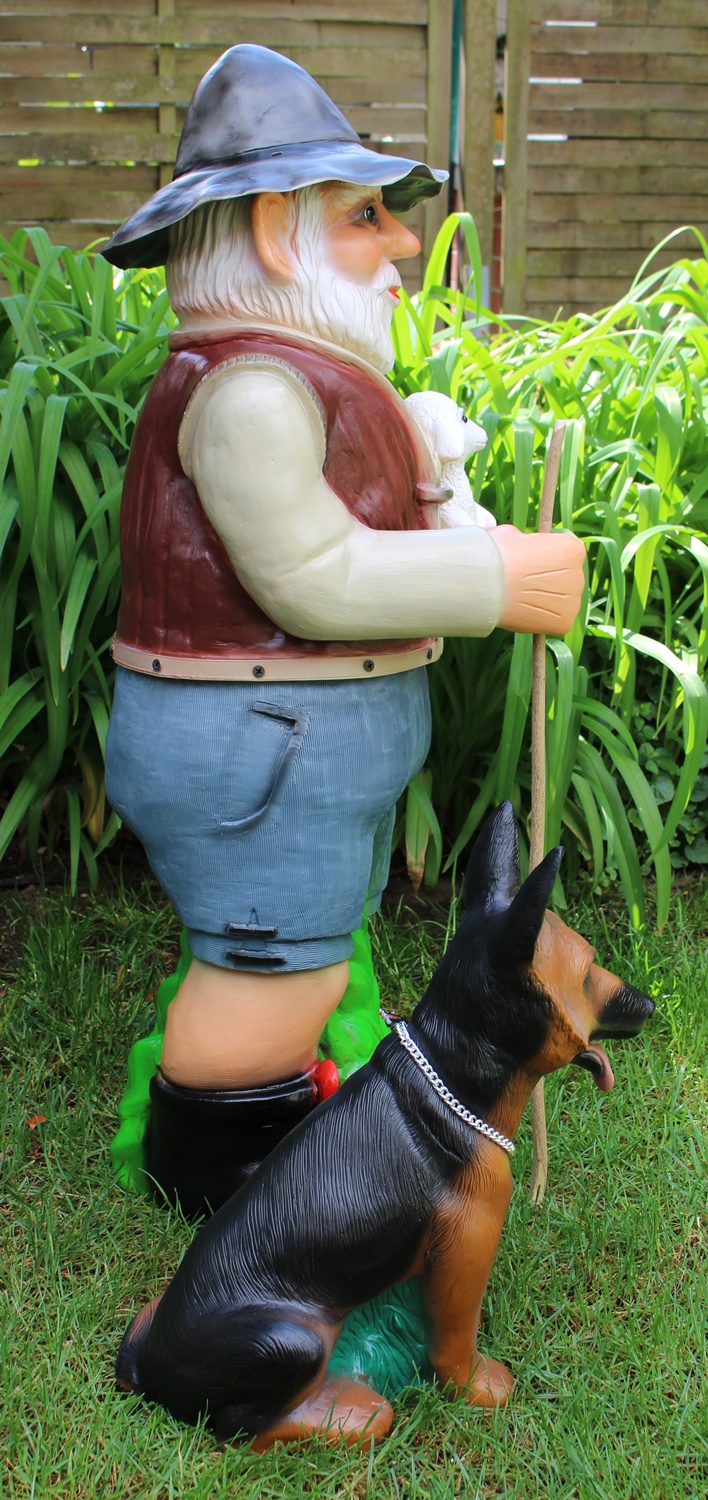 Deko Garten Figur Dekofigur Gartenfigur Tierfigur Hirte mit Schäferhund aus Kunststoff H 86 cm