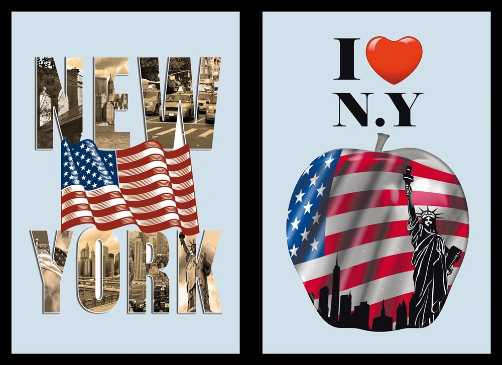 Set: 2 Spiegelbilder New York Big Apple Bild 30x20 cm Deko Wandbilder Hinterglasdruck mit Rahmen