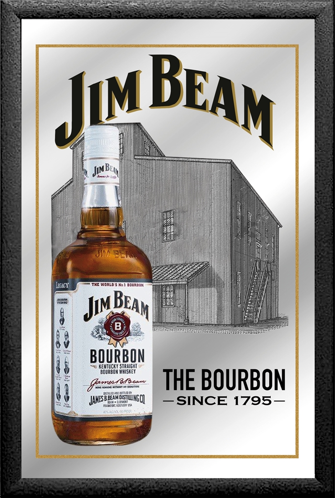 Set: 2 Spiegelbilder Jim Beam Whisky Flasche Emblem 30x20 cm Hinterglasdruck mit schwarzem Rahmen