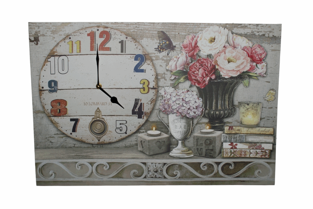 Nostalgie LED-Wandbild Blumen Bücherstapel Deko Bild mit integrierter Uhr 40x60 cm Leinwandbild