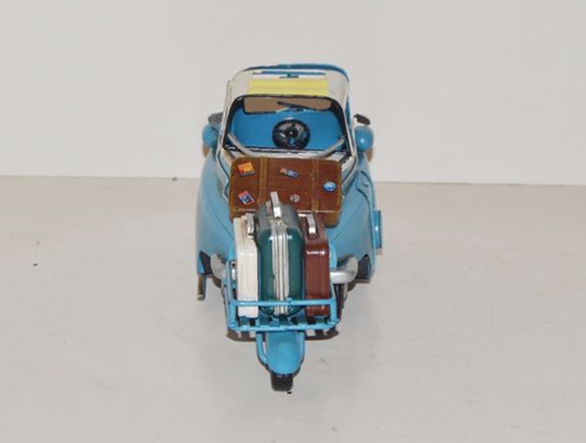 Blechauto Nostalgie Modellauto Oldtimer Automarke Isetta blau-weiß mit Hänger Länge 25 cm aus Blech