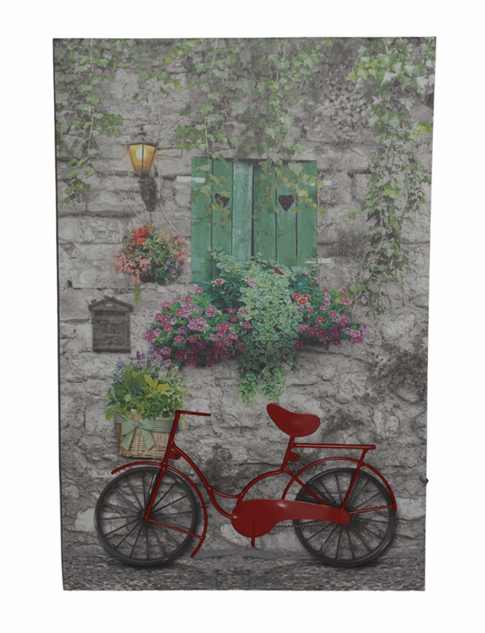 Nostalgie LED-Wandbild Gasse mit rotem Fahrrad Vintage Stil Blumen 60x40 cm Leinwandbild