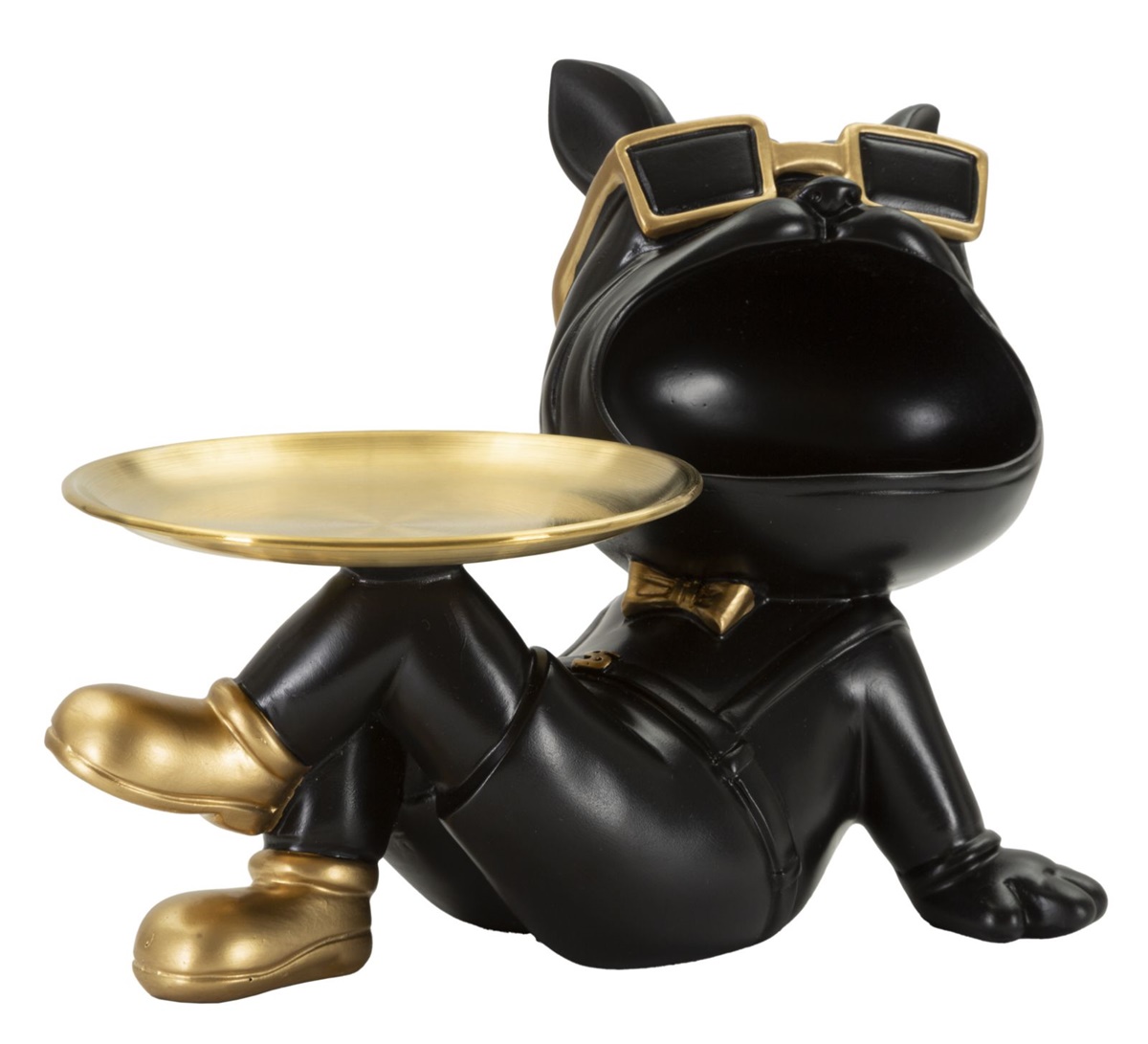 Dekofigur Hund Buddy Cool schwarz klein liegend mit goldenem Tablett und Mundbehälter H 18,5 cm