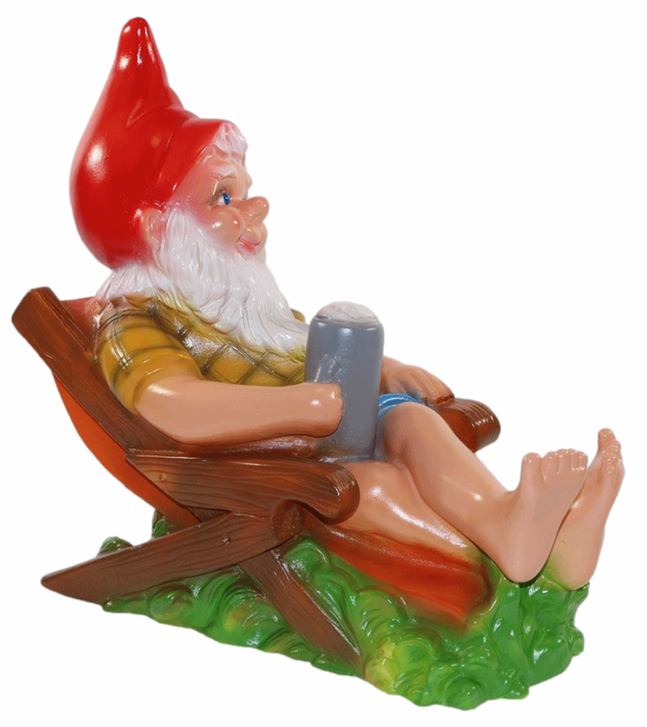 Deko Figur lustiger Zwerg H 31 cm Spaß Gartenzwerg auf Liegestuhl Gartenfigur aus Kunststoff