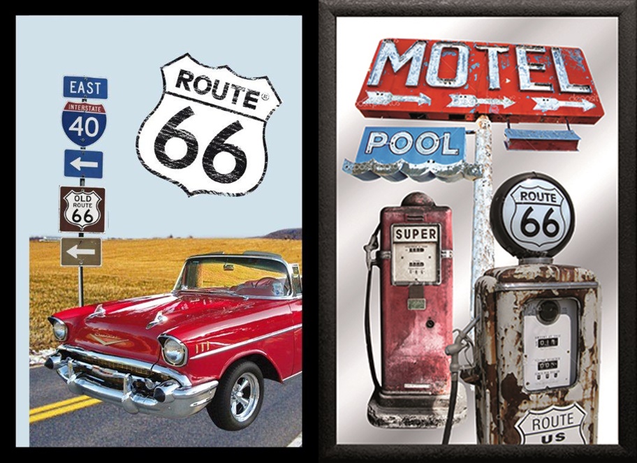 Set: 2 Spiegelbilder Route 66 USA Chevrolet Bild 30x20 cm Deko Wandbilder Hinterglasdruck