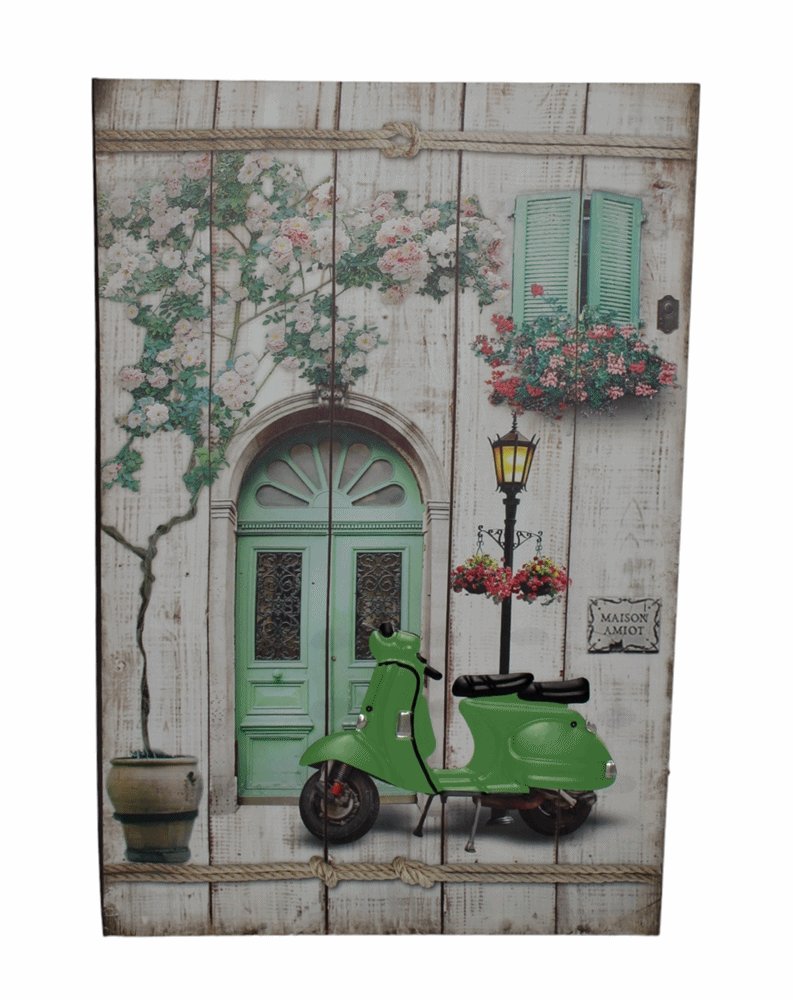 Nostalgie LED-Wandbild Gasse mit grünem Roller Vespa Blumen Vintage Stil  60x40 cm Leinwandbild