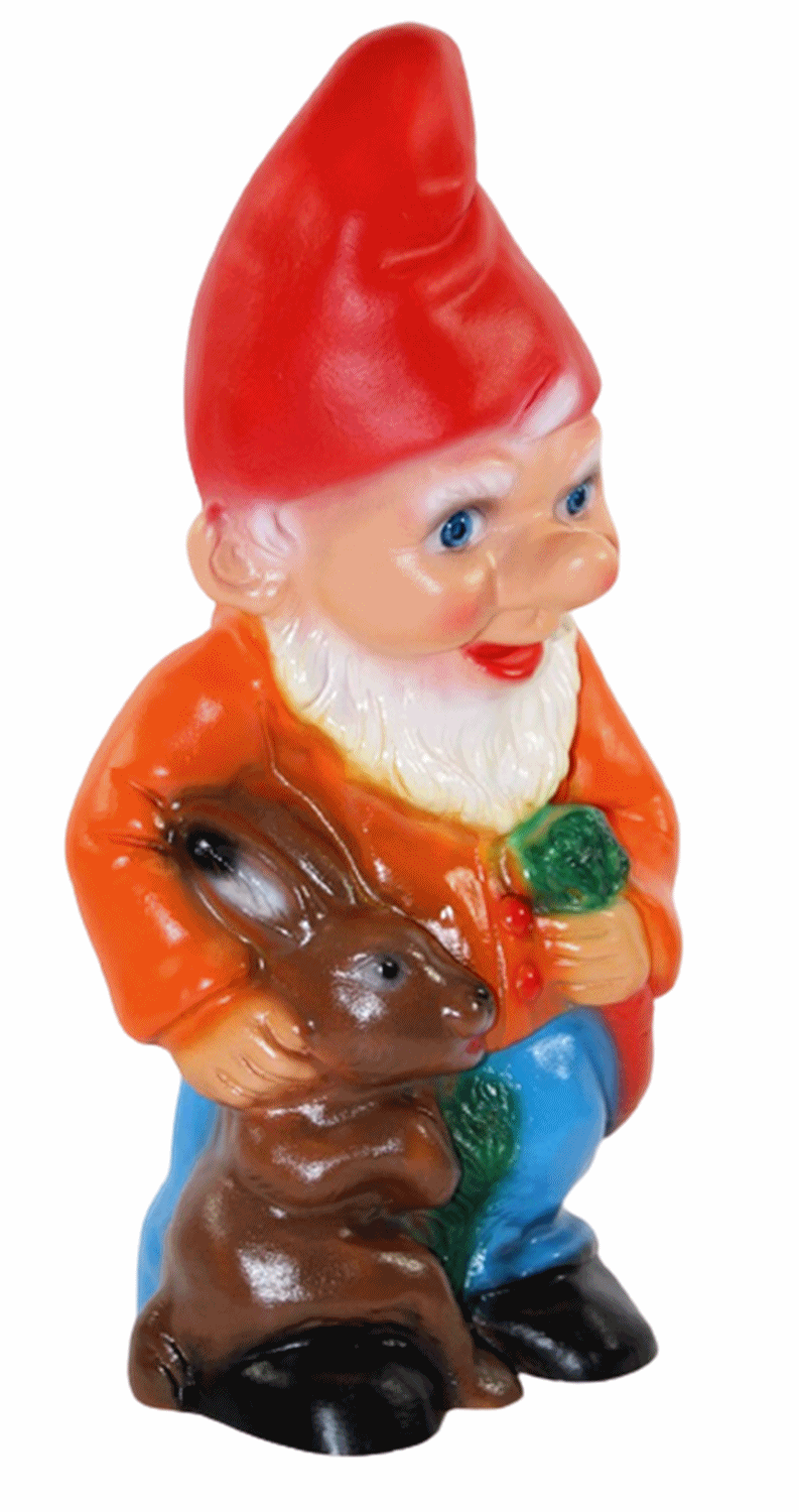 Deko Figur Zwerg H 28 cm Gartenzwerg stehend mit Hase und Rübe Gartenfigur aus Kunststoff