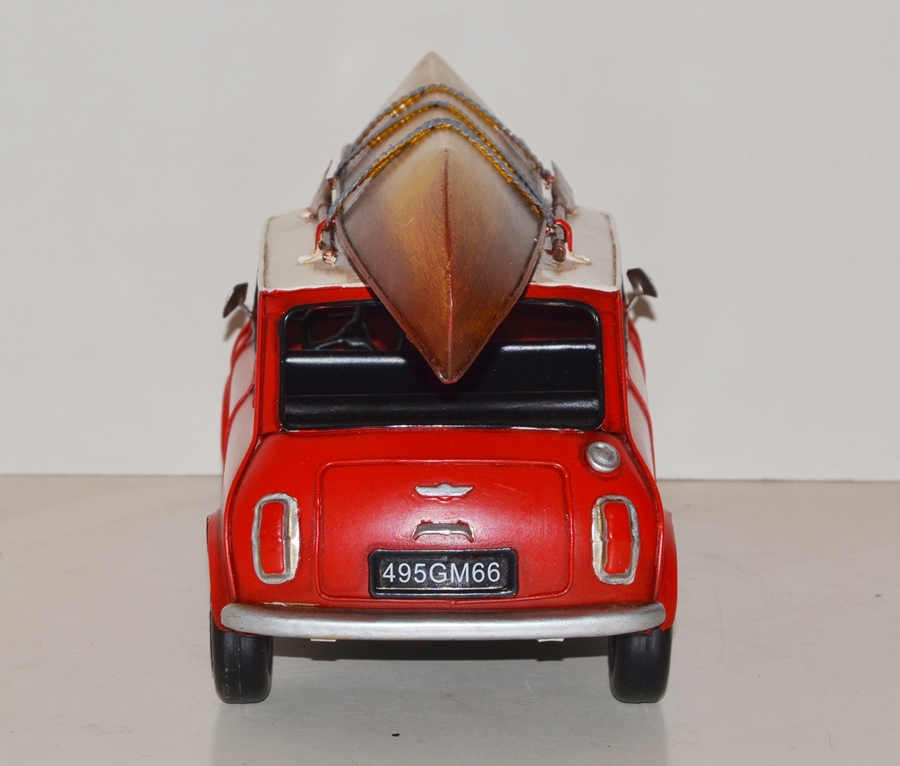 Blechauto Nostalgie Modellauto Mini Cooper rot mit Dachgepäckträger, Kanu Oldtimer L 35 cm aus Blech