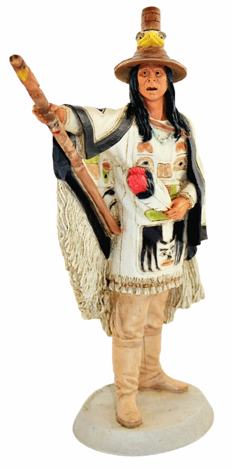 Indianerfigur Häuptling  Seattle von Duvamish Stamm H 23 cm mit Totem-Stab Castagna Limited Edition