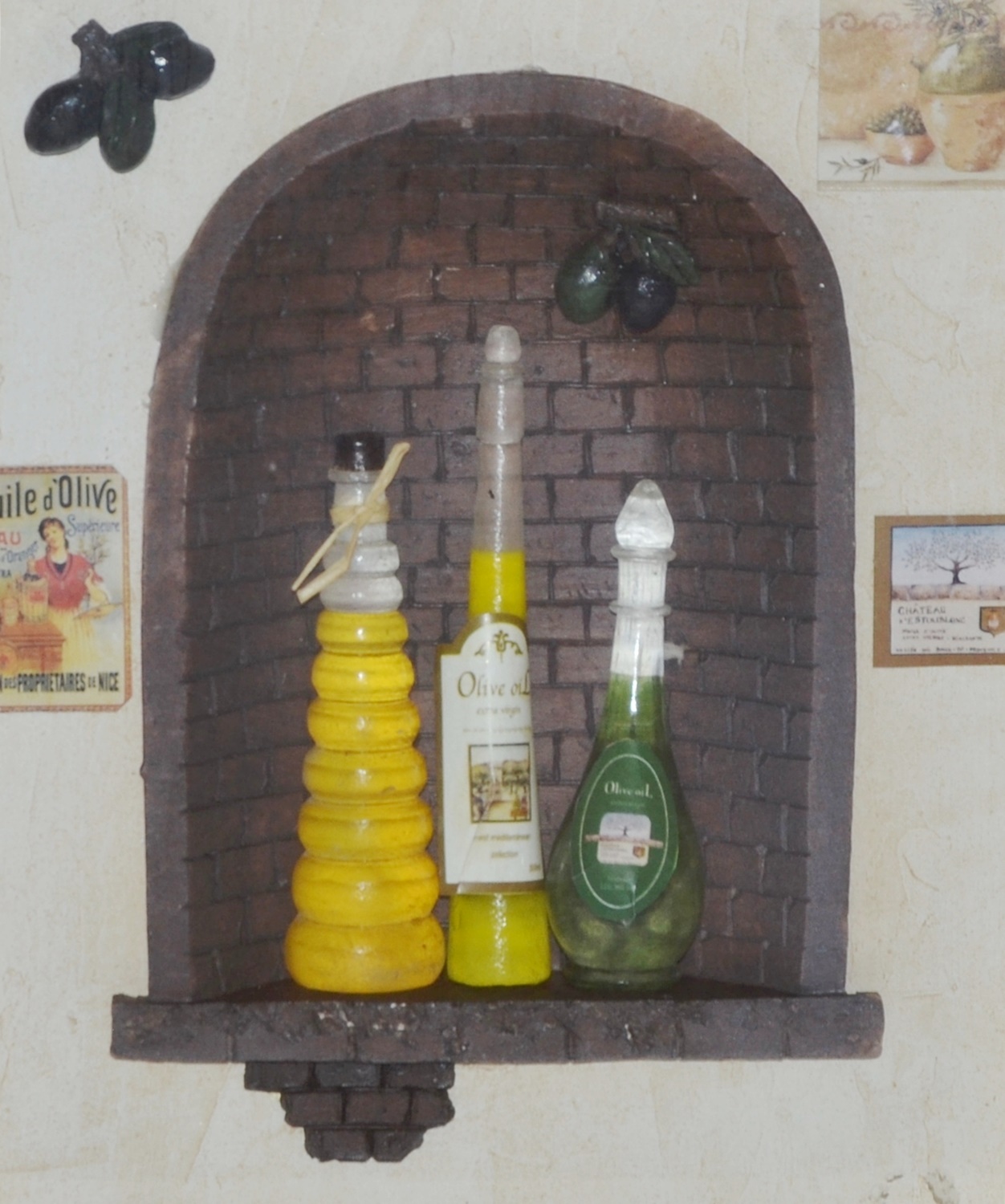 Nostalgie Bild Collagenbild Olivenöl Essig Restaurant Holzbilderrahmen zweidimensional Foto H 34 cm