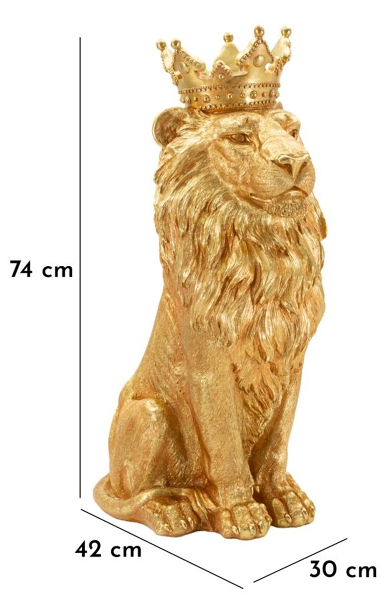 Dekofigur Löwe mit Krone sitzend Tierfigur  Skulptur stolzer Löwenkönig Shanti in edlem Gold H 74 cm