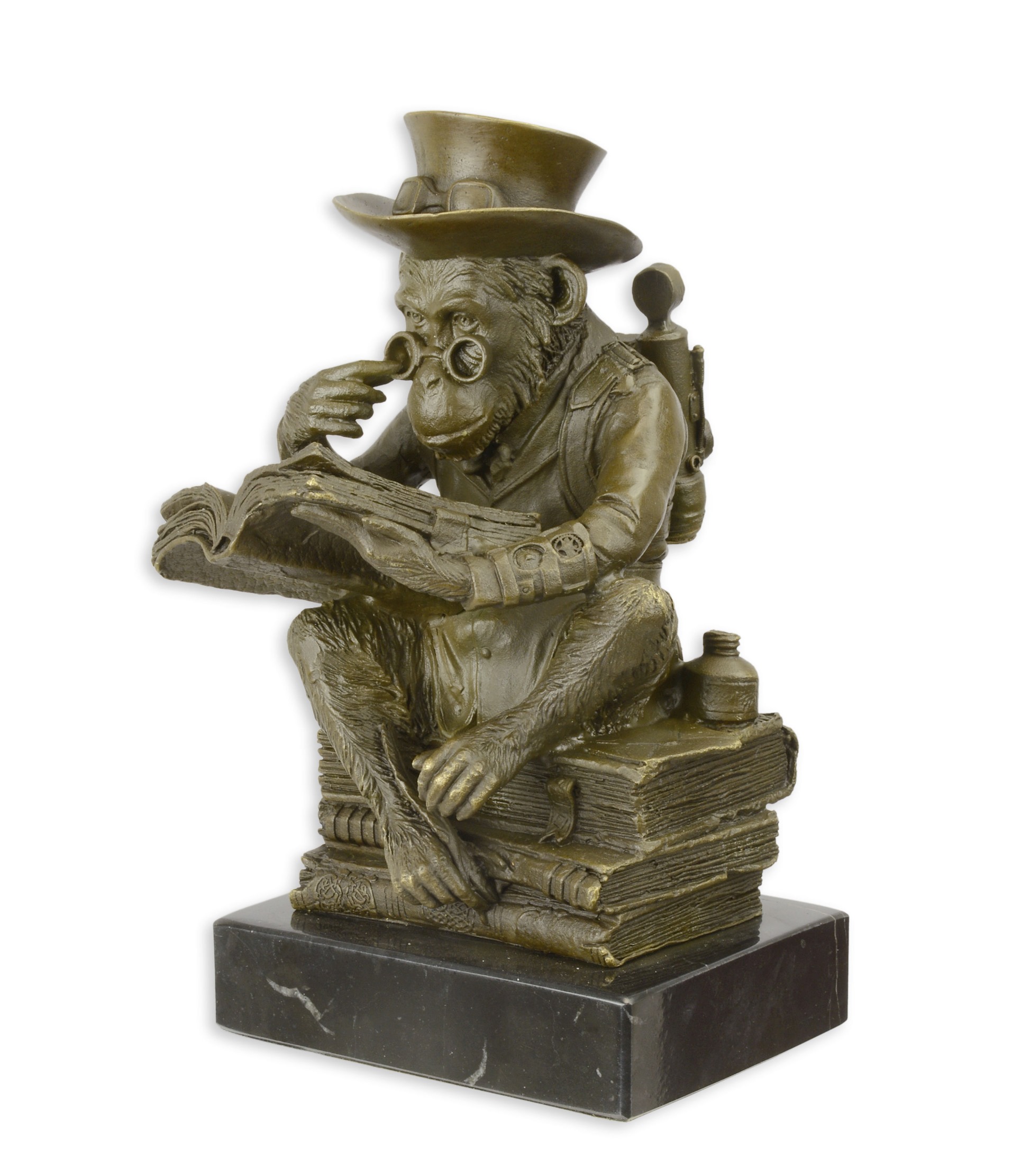 Bronzefigur Bronzeskulptur Bronze Darwin Affe auf Bücherstapel H 21 cm Steampunkt  Figur Skulptur