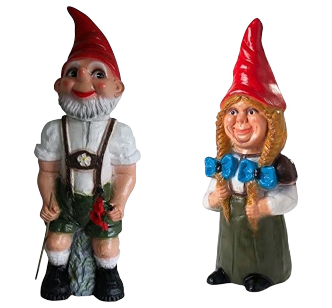 Große Gartenzwerge Zwergenfrau H 75 cm mit Bayer Seppel Figur Zwerg H 80 cm stehend