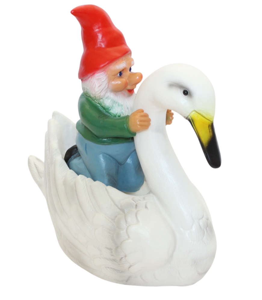 Gartenzwerg auf Schwan H 35 cm witzige Teichfigur aus Kunststoff, Dekofigur für Garten & Teich