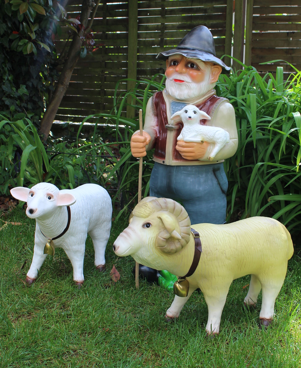 Deko Garten Figur Dekofigur Gartenfigur Hirte Schäfer mit Schafbock und Schaf aus Kunststoff