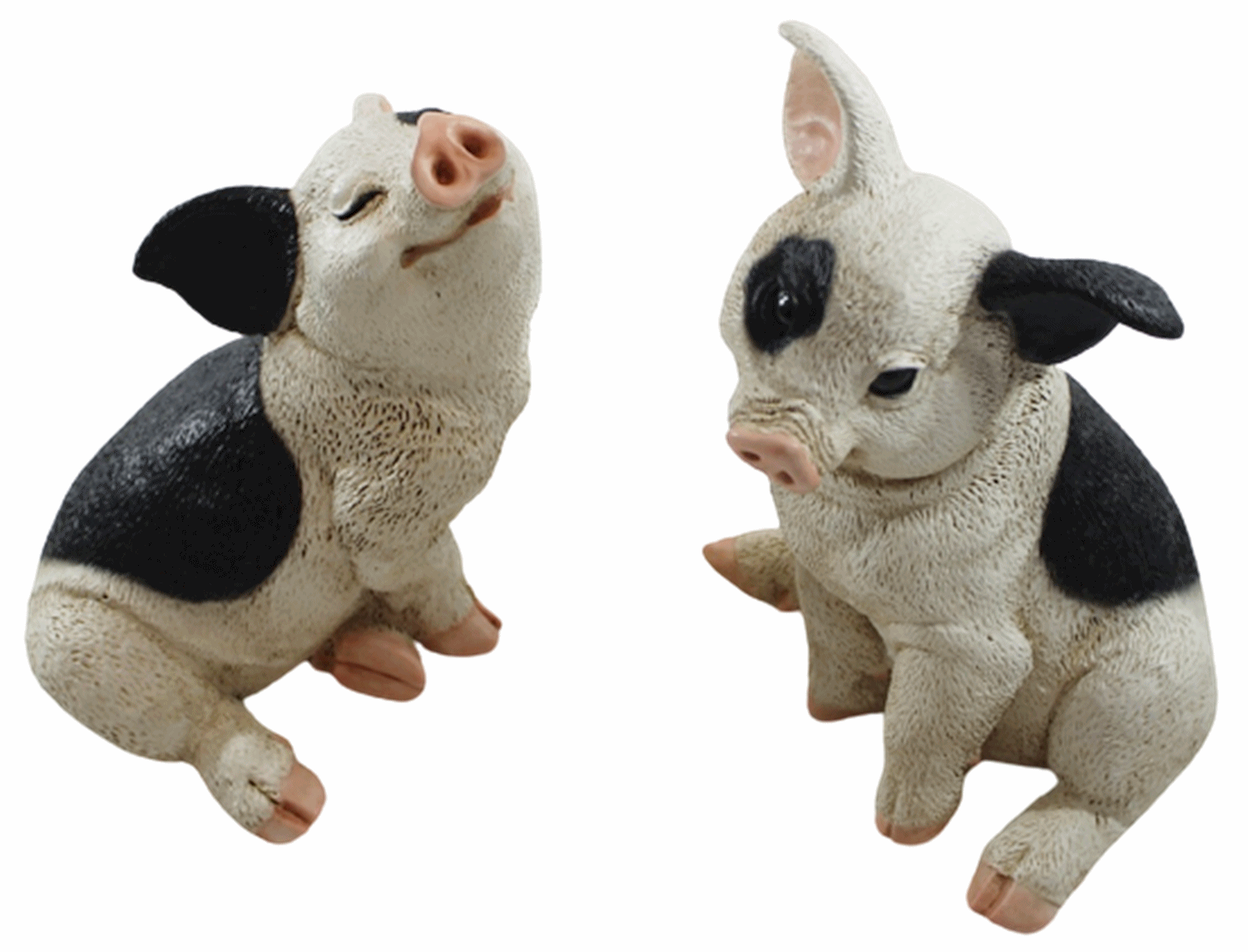 Deko Figur Schwein 2 Ferkel sitzend nach oben u. unten schauend als Satz aus Resin Höhe 19-22 cm