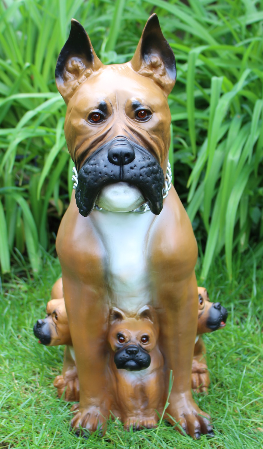 Deko Garten Figur Dekofigur Gartenfigur Tierfigur Hund Boxer mit drei Welpen aus Kunststoff H 59 cm