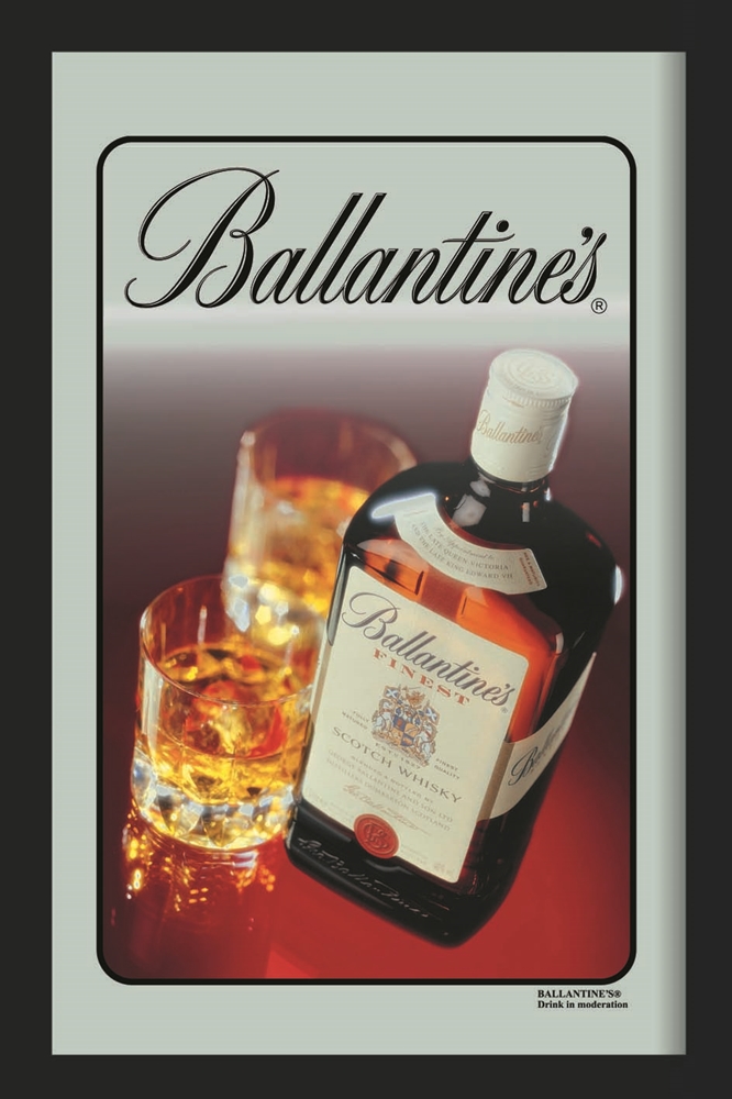 Set: 2 Spiegelbilder Ballantines Whisky Flasche Emblem 30x20 cm Hinterglasdruck mit schwarzen Rahmen