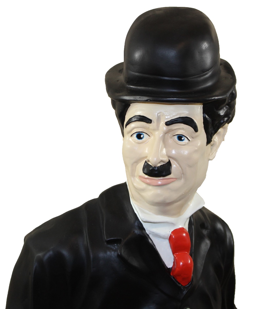 Deko Figur Komiker Charlie Chaplin stehend H 128 cm Dekofigur Chaplin mit Stock aus Kunstharz