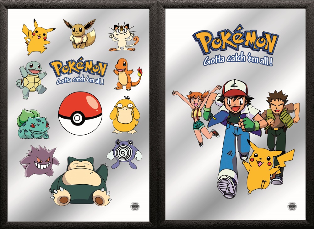 Set: 2 Spiegelbilder Pokemon 30x20 cm Ash Ketchum Pikachu Kinderzimmer Deko Bild Wandbilder