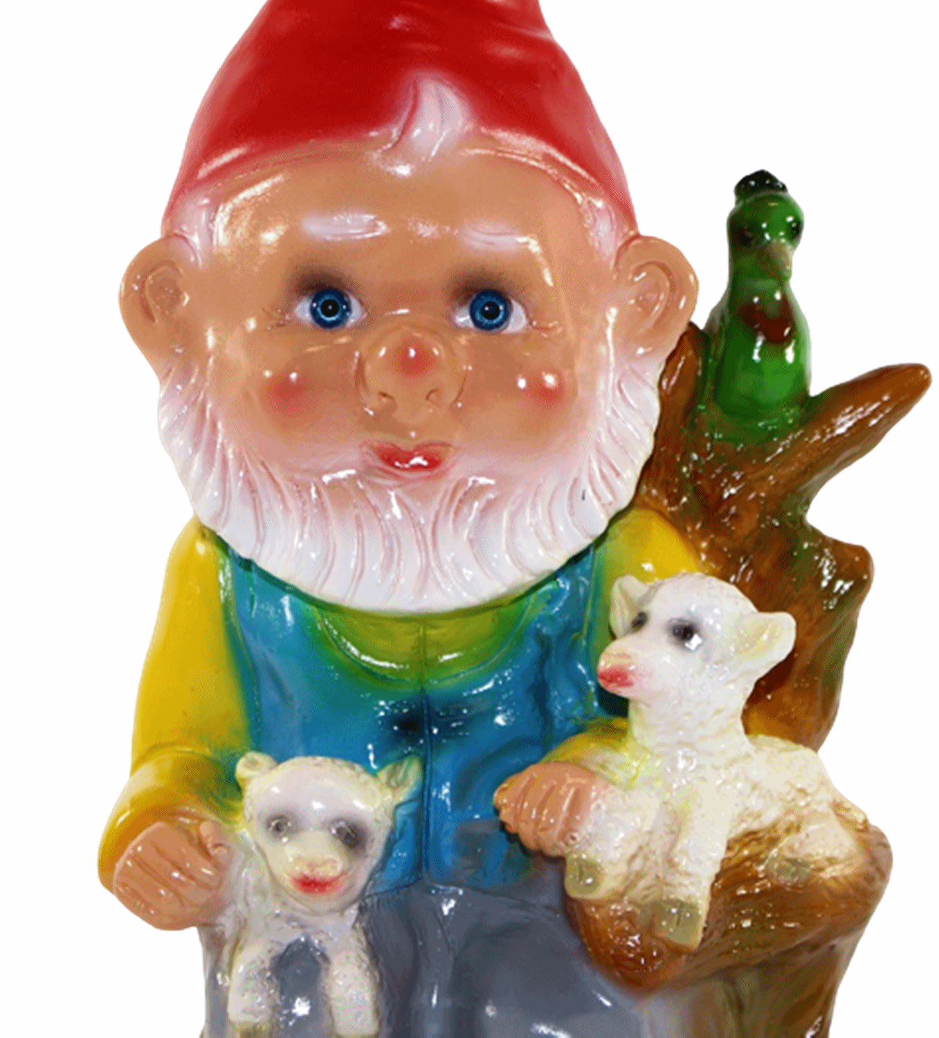 Deko Figur Zwerg H 30 cm Gartenzwerg mit 2 Lämmern und Papagei stehend Gartenfigur aus Kunststoff