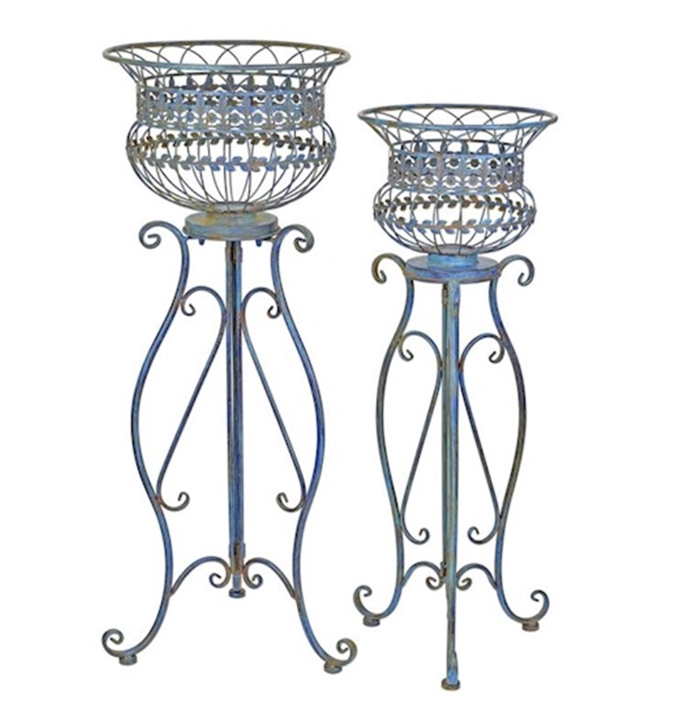 Pflanzenständer Set 2 Stück Blau H 100 cm aus Eisen - dekorativer Blumenständer Garten Dekoration