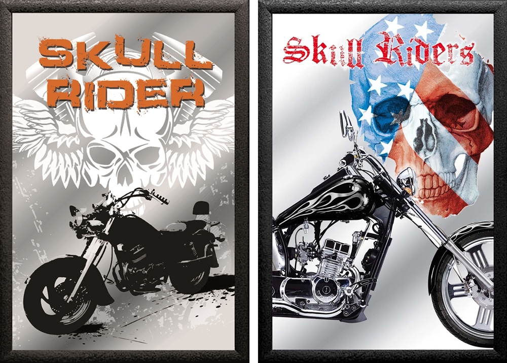 Set: 2 Spiegelbilder Easy Rider Skull Motorrad Bild 30x20 cm Wandbilder Hinterglasdruck mit Rahmen
