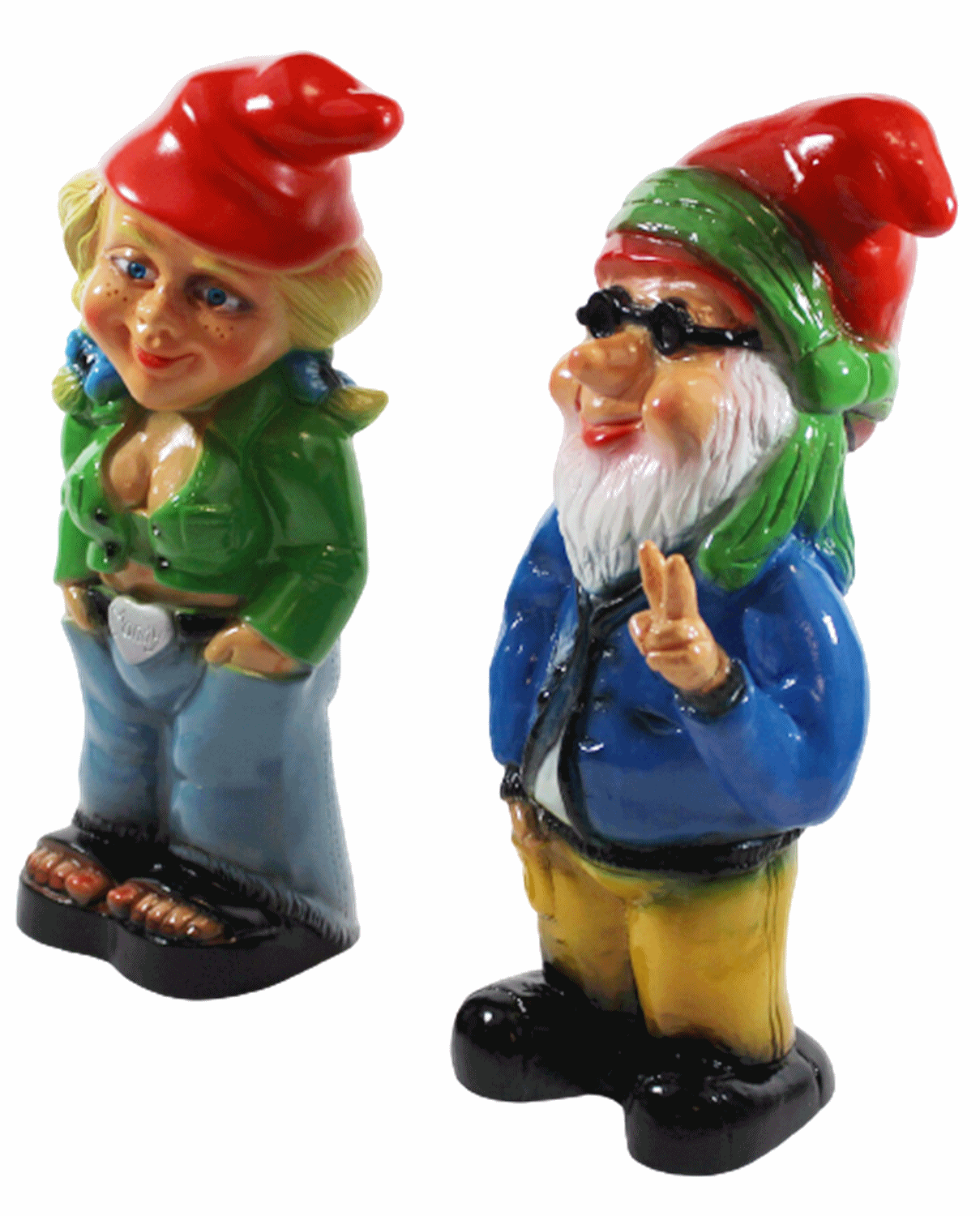 Gartenzwerg Deko Garten Figur Zwerg Zwergenpaar Zwergenfrau und Hippie aus Kunststoff H 32-33 cm