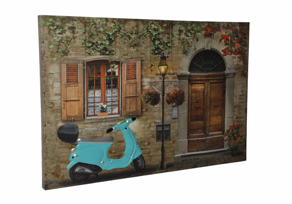 Nostalgie LED-Wandbild Gasse mit blauem Roller Vespa Vintage Stil 40x60 cm Leinwandbild