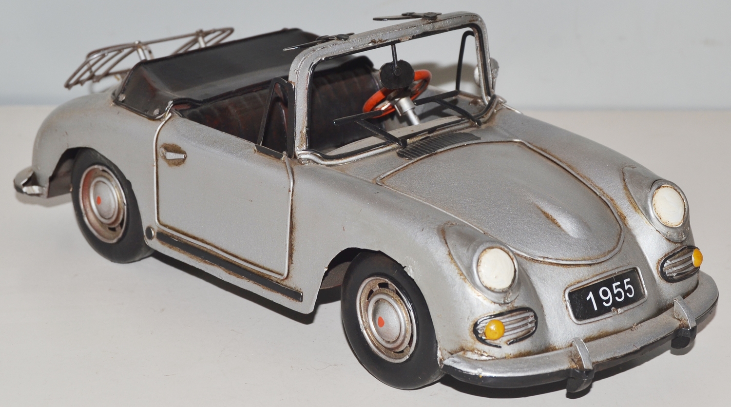 Blechauto Nostalgie Modellauto Oldtimer Porsche 356 Speedster Cabrio Sportwagen Silber L 31 cm