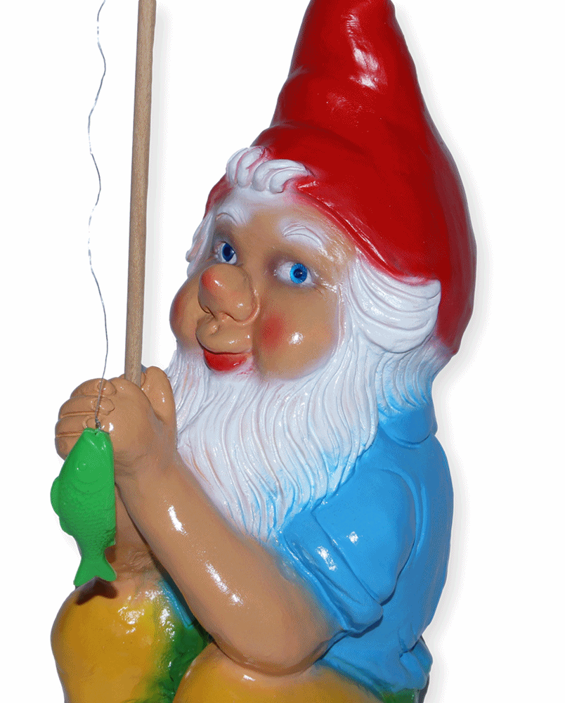 Gartenzwerg Deko Garten Figur Zwerg Angler sitzend mit Angelrute und Fisch aus Kunststoff H 38 cm