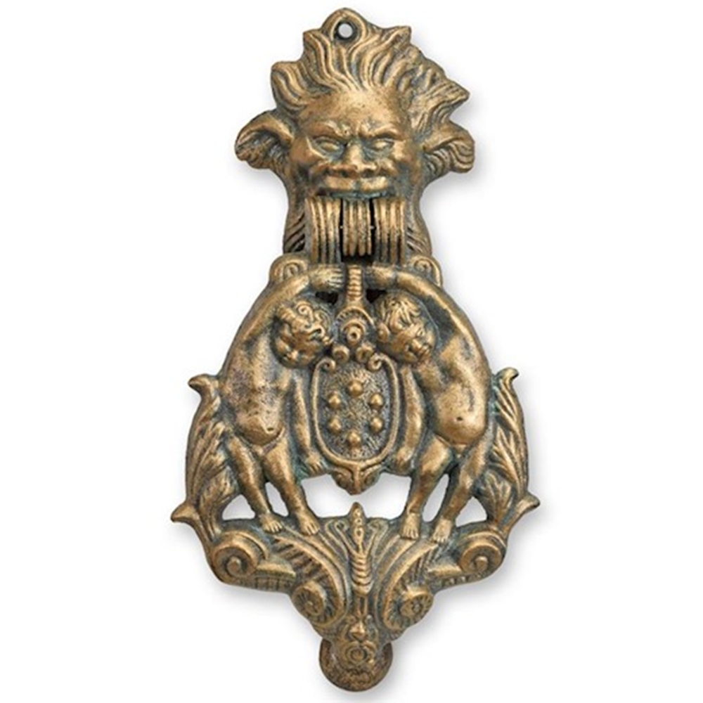 Türklopfer Satyr &  2 Putten im Renaissance-Stil H 34,3 cm Gusseisen Türdekoration in Bronzeoptik