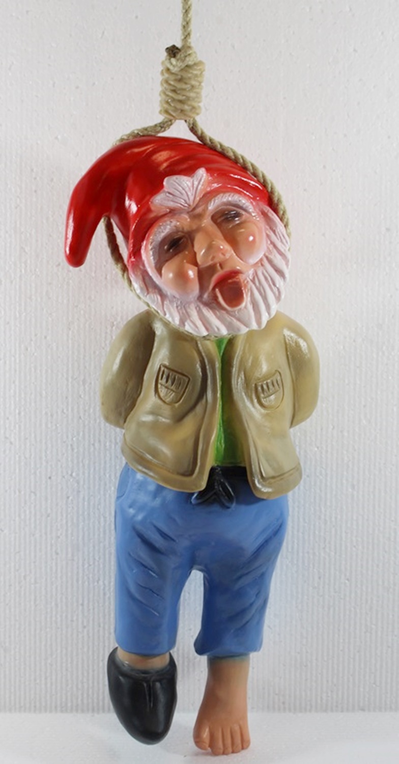 Gartenzwerg Deko Garten Figur Zwerg erhängt mit Seil umschlingt H 37 cm ohne Seil aus Kunststoff