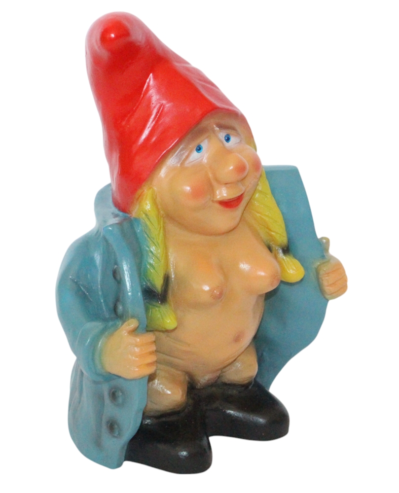 Gartenzwerg nackte Zwergenfrau 30 cm im blauen Mantel lustige Zwergin aus Kunststoff