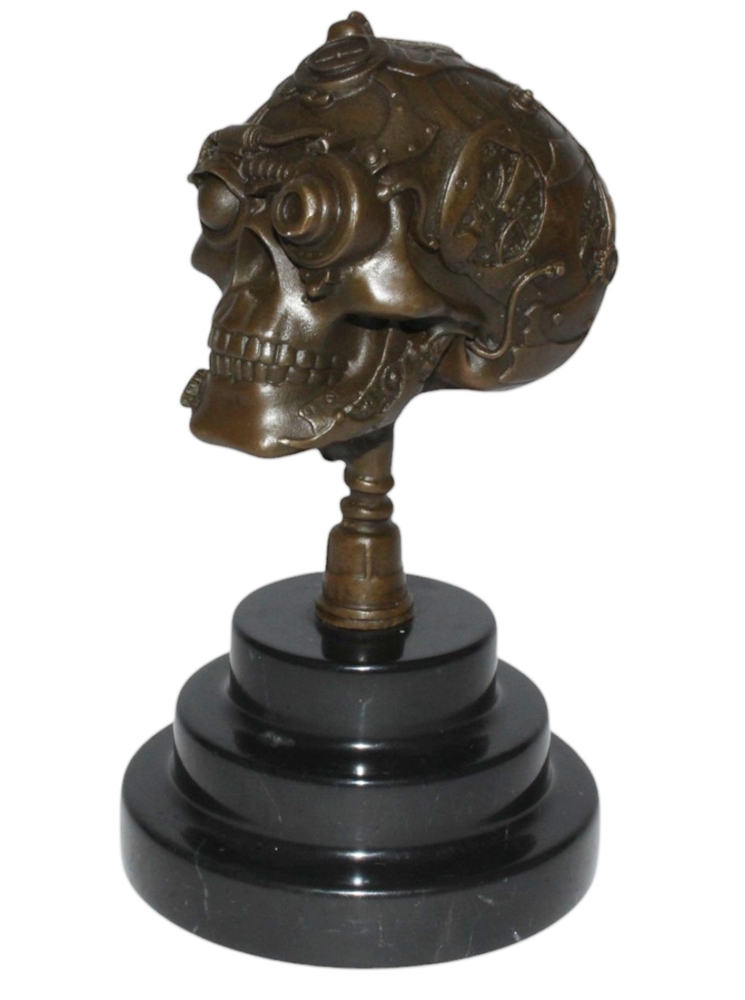 Bronzefigur Bronzeskulptur Bronze Steampunk Schädel auf Sockel Höhe 19 cm Skelett Figur