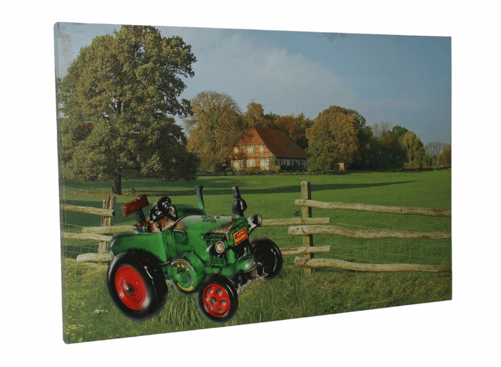 Nostalgie Landhaus Stil LED-Wandbild Traktor mit Farmhaus 40x60 cm Leinwandbild