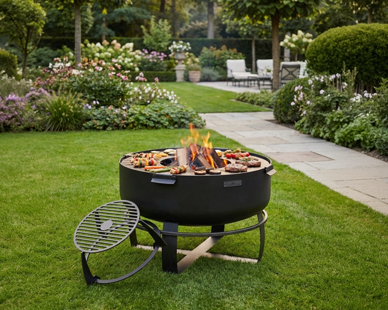Feuerschale XXL 80 cm SET VIKING mit Grillplatte 78 cm (4 Griffe) & hohem Grillrost – Feuerstelle Garten
