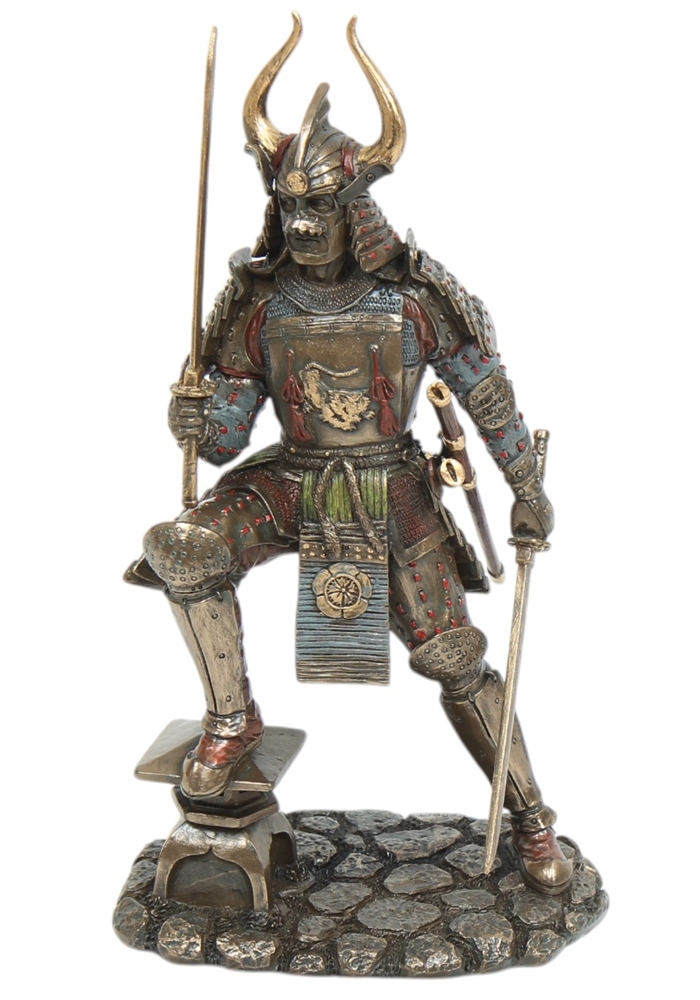 Skulptur Samurai Art Deko Figur H 25 cm japanischer Krieger in detailreicher Rüstung mit Schwertern