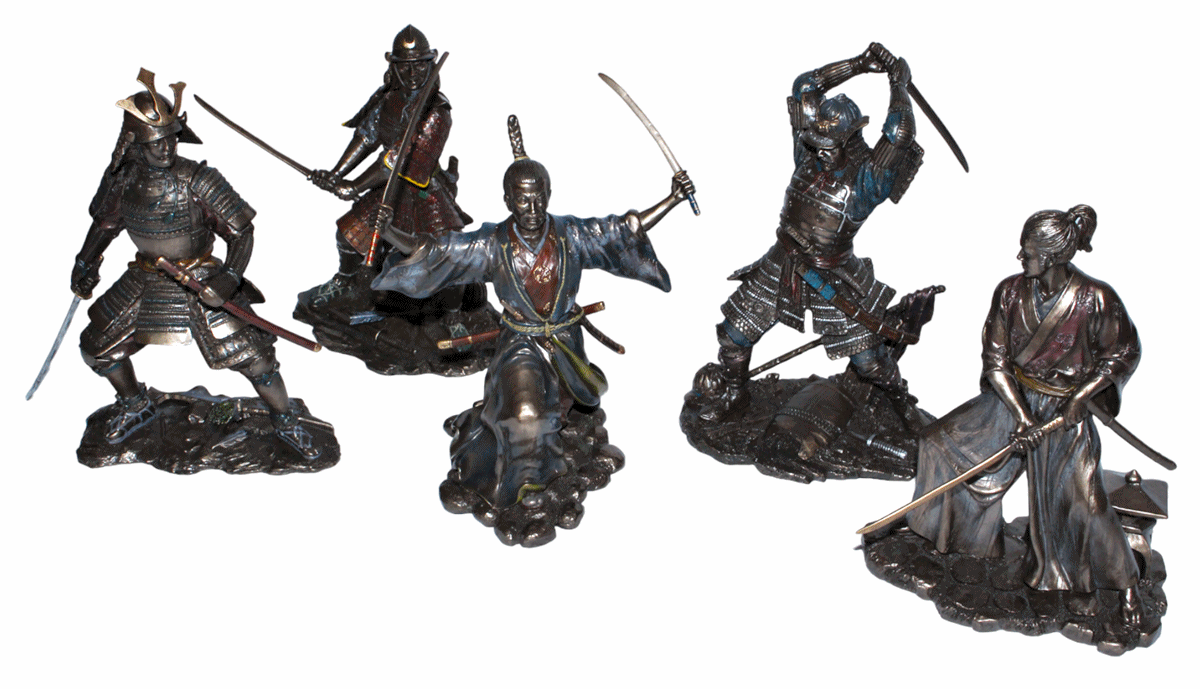 Set: Deko Figuren Samurai Art H 21-23 cm japanische Krieger in Rüstung und Kimono mit Schwertern