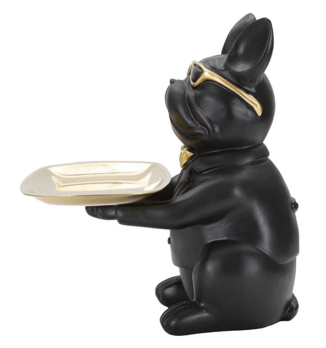 Dekofigur Hund Bulldogge Cool schwarz klein sitzend Tierfigur mit goldenem Tablett Brille H 23,5 cm