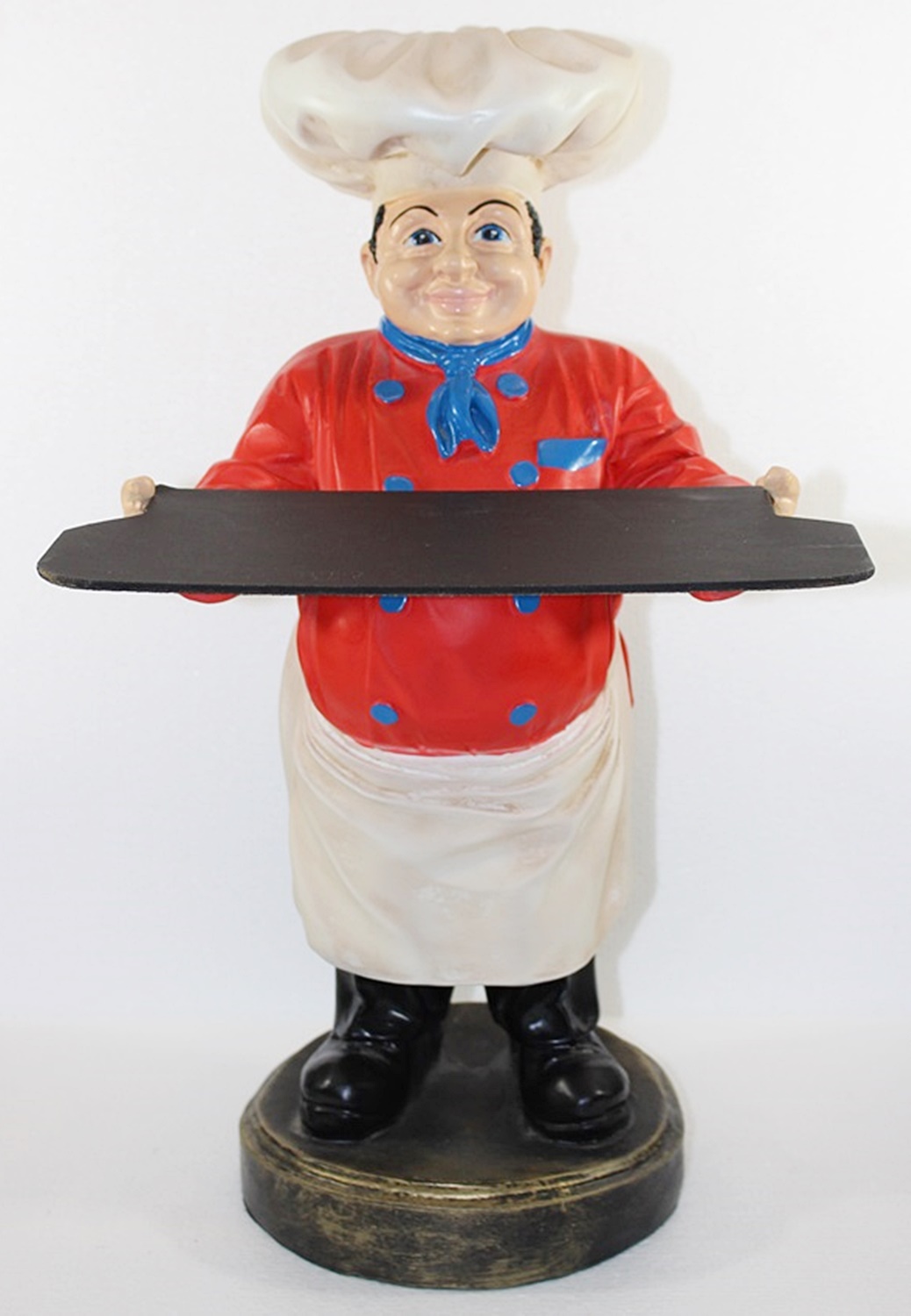 Deko Figur Koch rotes Hemd mit Tablett Kochfigur H 48 cm Gastrofigur stehend aus Kunstharz