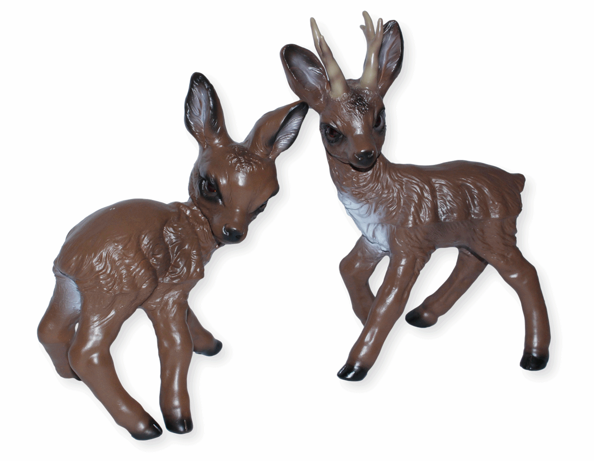 Deko Tier Figur Gartenfigur Rehkitz Bambi u. Rehbock stehend als Satz aus Kunststoff H 30-35 cm