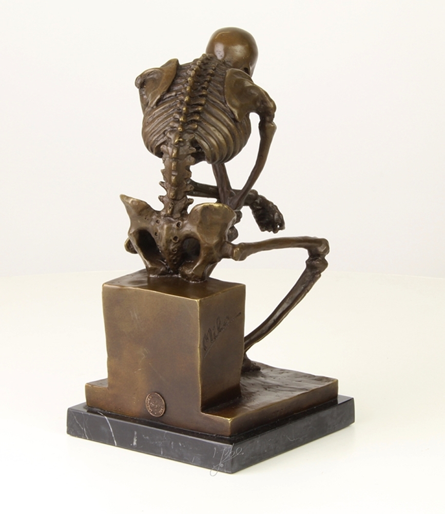 Bronzefigur Bronzeskulptur Der Denker Skelett aus Bronze auf Sockel H 24,5 cm Deko Figur