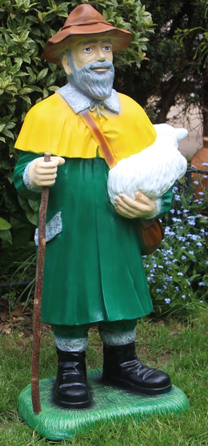 Dekorfgur Schäfer Lamm und Stock haltend Hirte stehend mit Lamm H 87 cm Gartenfigur aus Kunstharz